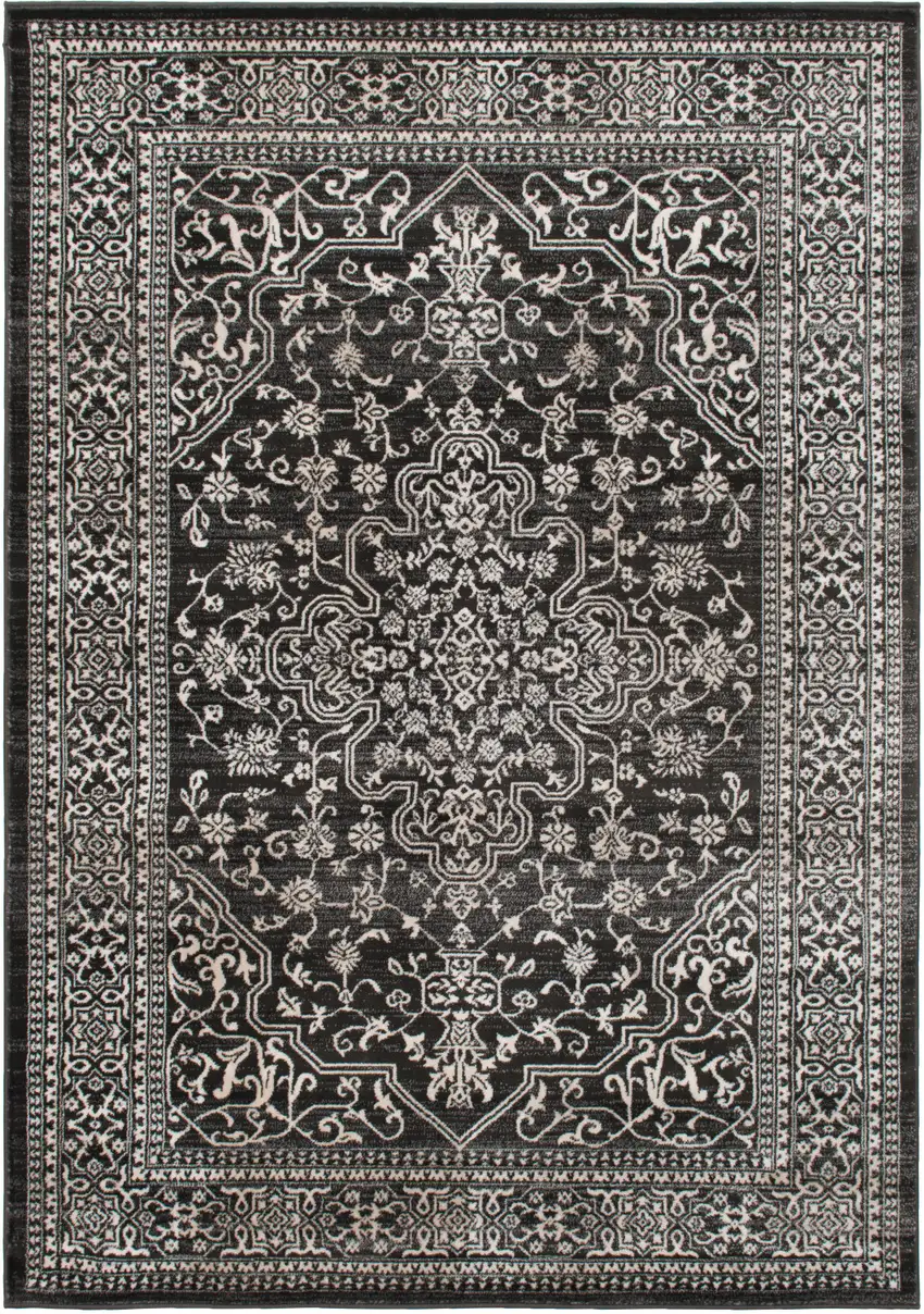 Black and Ivory Oriental Distressed Area Rug Photo 4