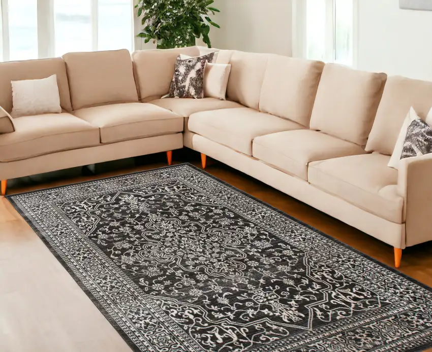 Black and Ivory Oriental Distressed Area Rug Photo 1