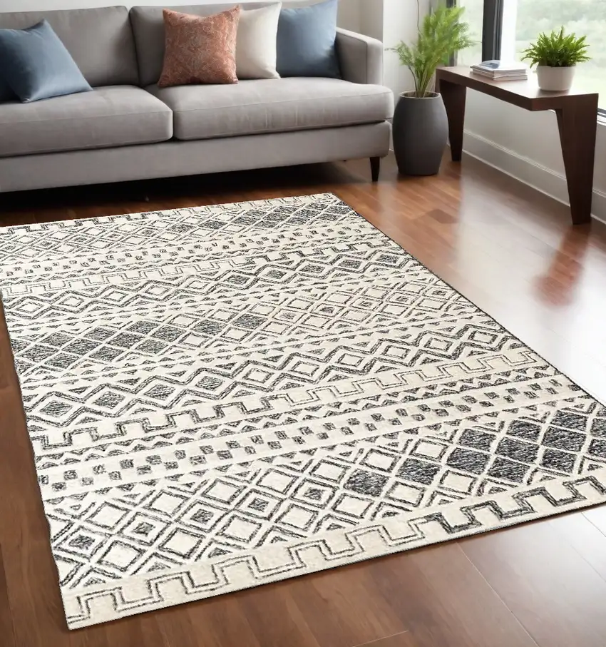 Black and Ivory Wool Abstract Geometric Hand Tufted Non Skid Area Rug Photo 1