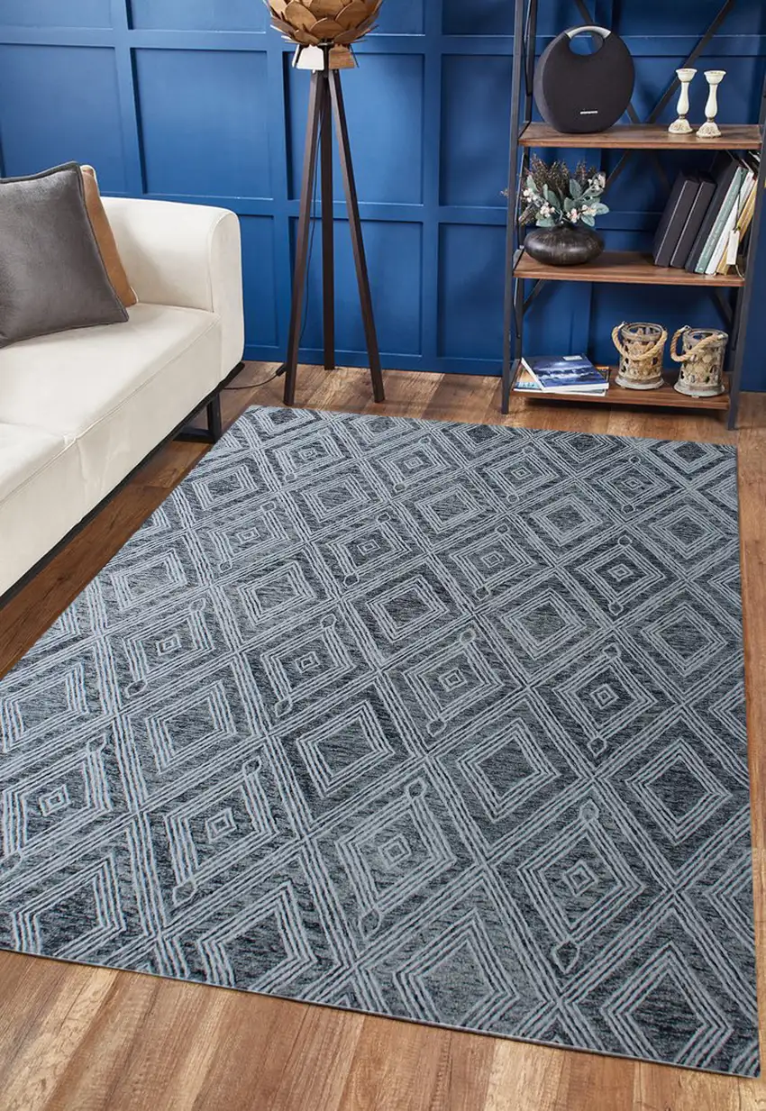 Black and Ivory Wool Abstract Geometric Hand Tufted Non Skid Area Rug Photo 8