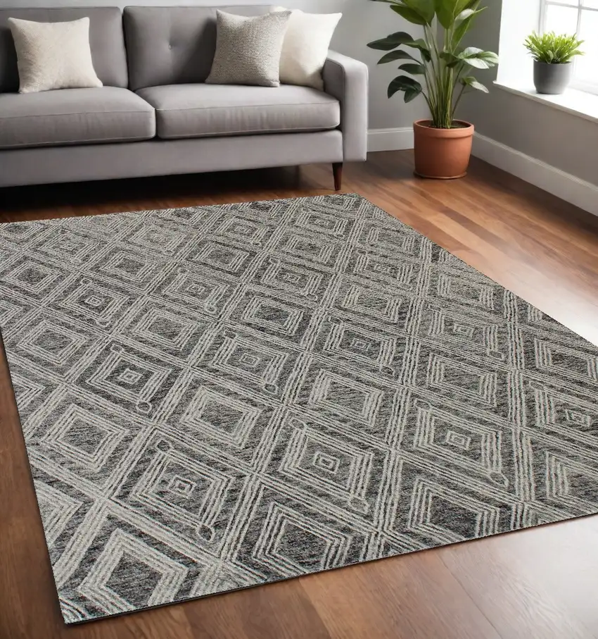 Black and Ivory Wool Abstract Geometric Hand Tufted Non Skid Area Rug Photo 1