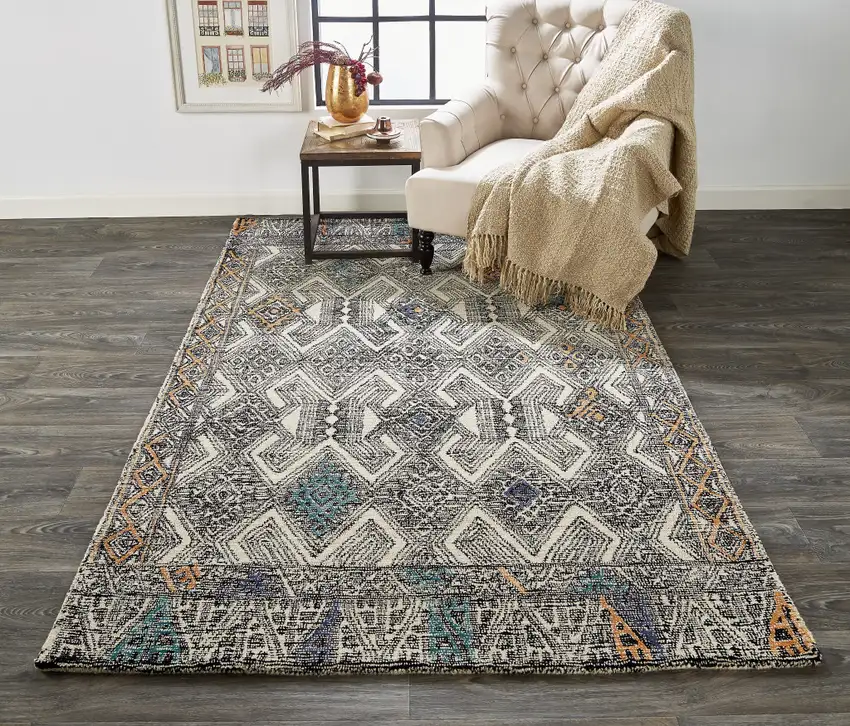 Black and Ivory Wool Chevron Hand Tufted Distressed Area Rug Photo 5