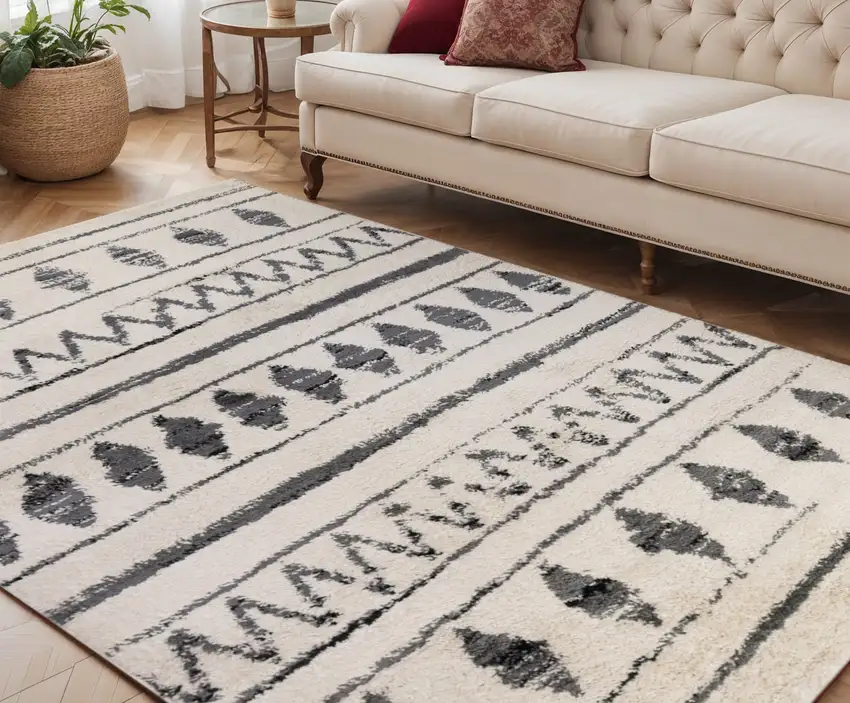 Black and Off White Geometric Shag Area Rug Photo 1