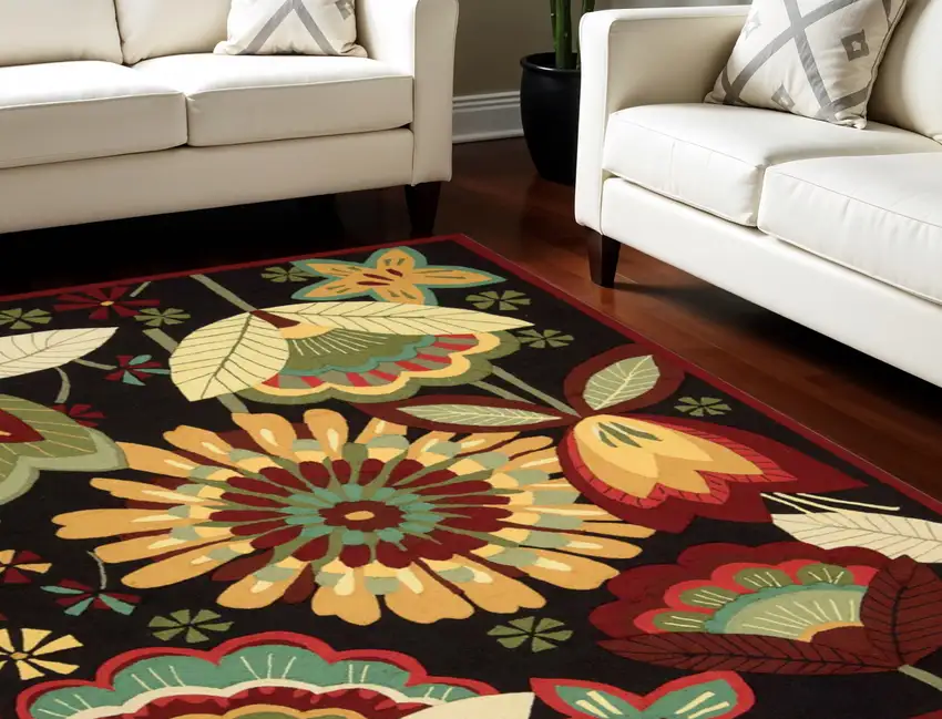 Black and Orange Floral Hand Carved Handmade Area Rug Photo 1