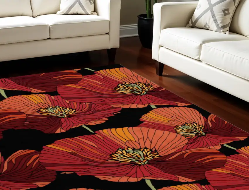 Black and Orange Floral Hand Hooked Area Rug Photo 1