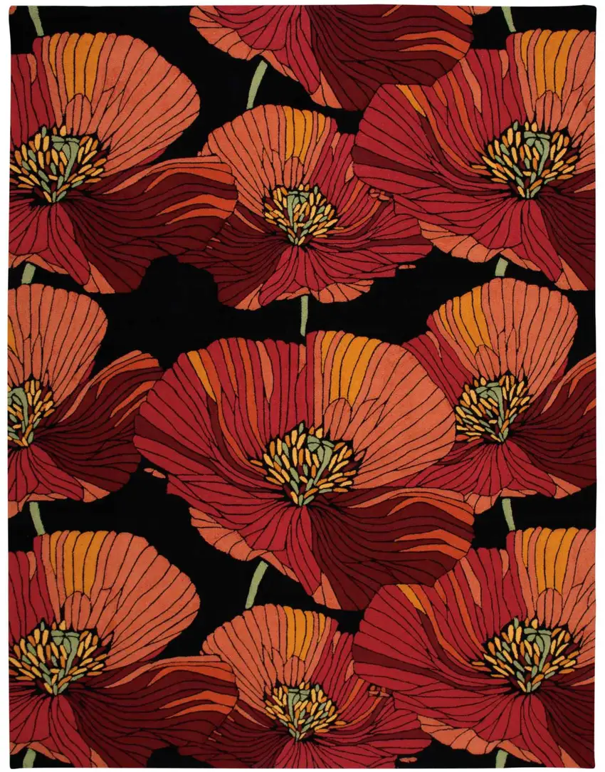 Black and Orange Floral Hand Hooked Area Rug Photo 2