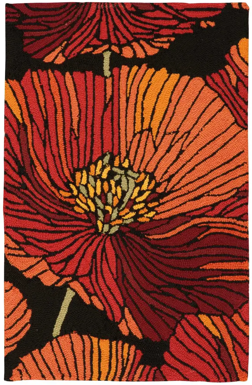 Black and Orange Floral Hand Hooked Area Rug Photo 2