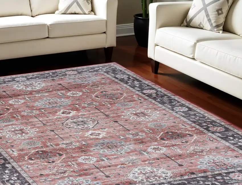 Black and Red Floral Distressed Non Skid Area Rug Photo 1