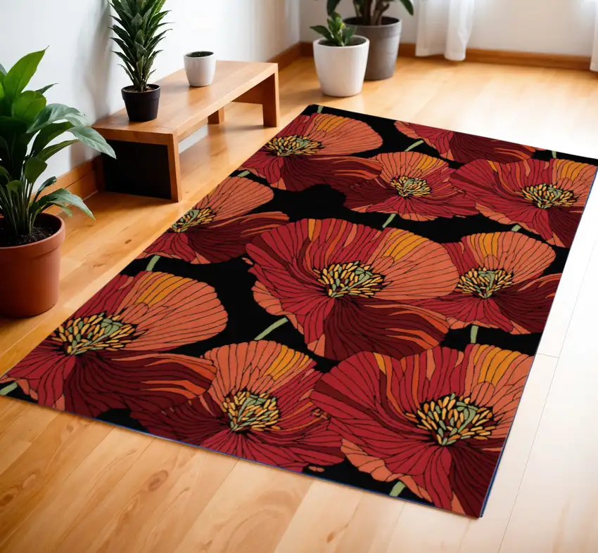Black and Red Floral Hand Hooked Area Rug Photo 1