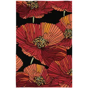 Photo of Black and Red Floral Hand Hooked Area Rug