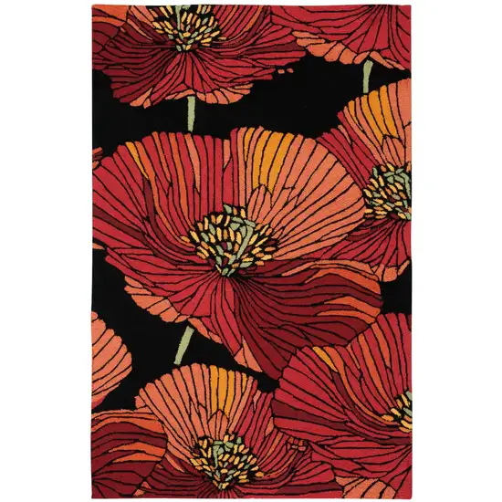 Black and Red Floral Hand Hooked Area Rug Photo 1