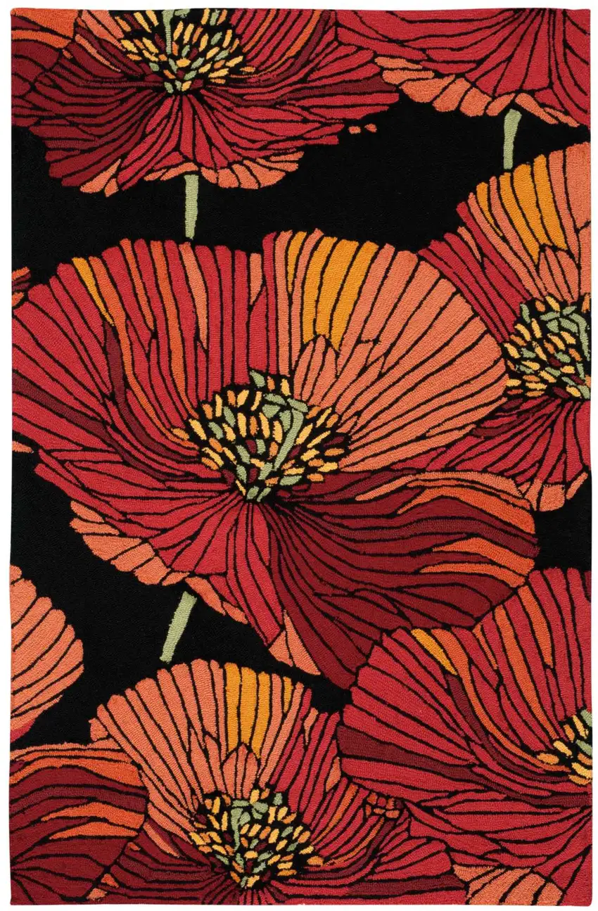 Black and Red Floral Hand Hooked Area Rug Photo 1