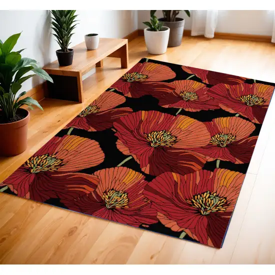 Black and Red Floral Hand Hooked Area Rug Photo 3