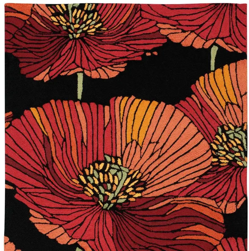 Black and Red Floral Hand Hooked Area Rug Photo 6