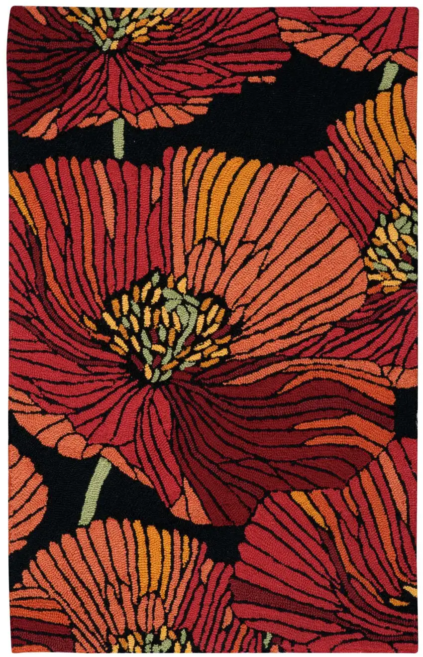 Black and Red Floral Hand Hooked Area Rug Photo 2