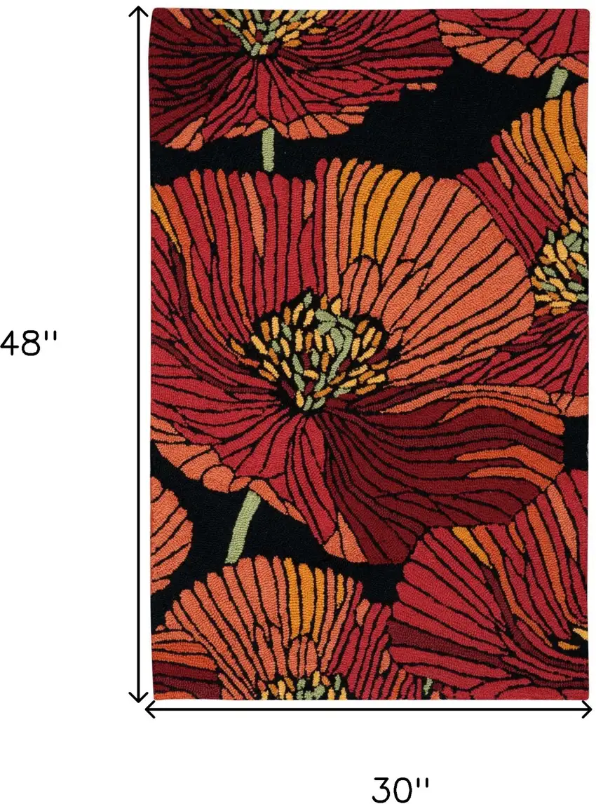 Black and Red Floral Hand Hooked Area Rug Photo 3