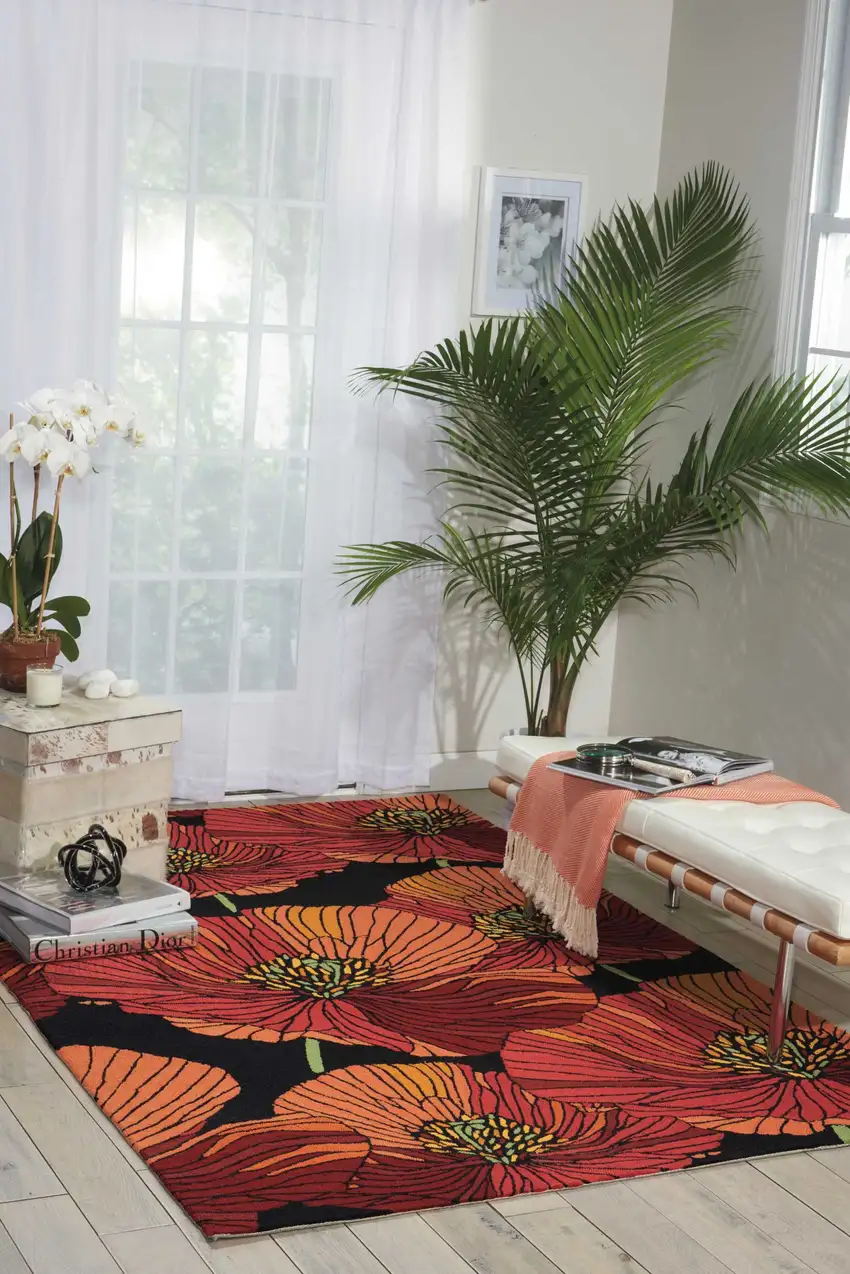 Black and Red Floral Hand Hooked Area Rug Photo 7