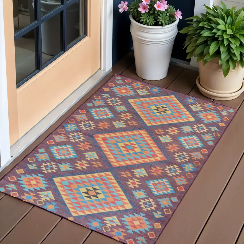 Black and Red Geometric Handmade Indoor Outdoor Area Rug Photo 1