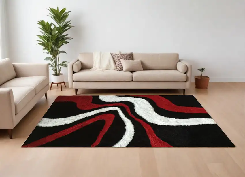 Black and Red Shag Hand Tufted Area Rug Photo 1