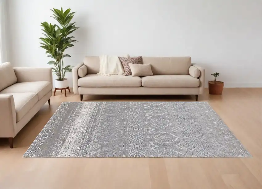 Black and Silver Abstract Power Loom Worn Faded Area Rug Photo 1