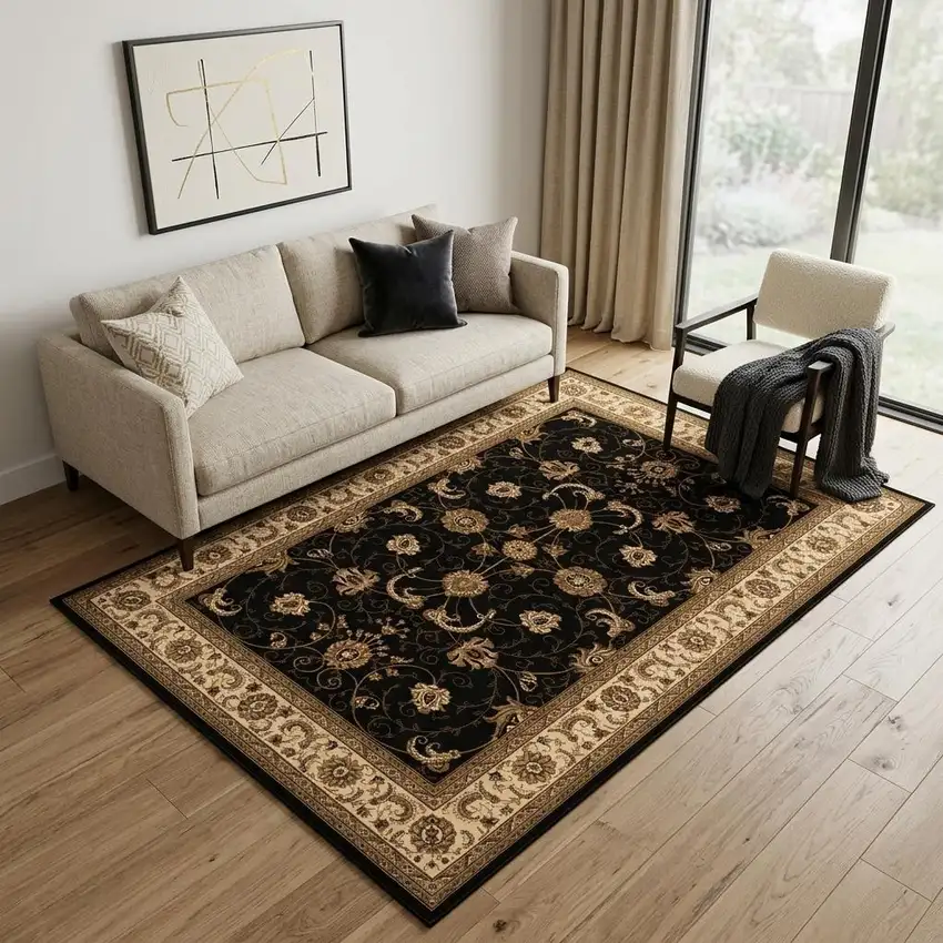 Black and Ivory Oriental Power Loom Area Rug Photo 1