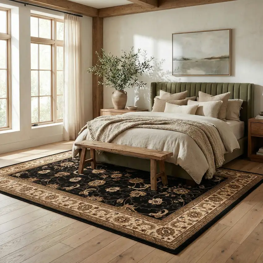 Black and Ivory Oriental Power Loom Area Rug Photo 7