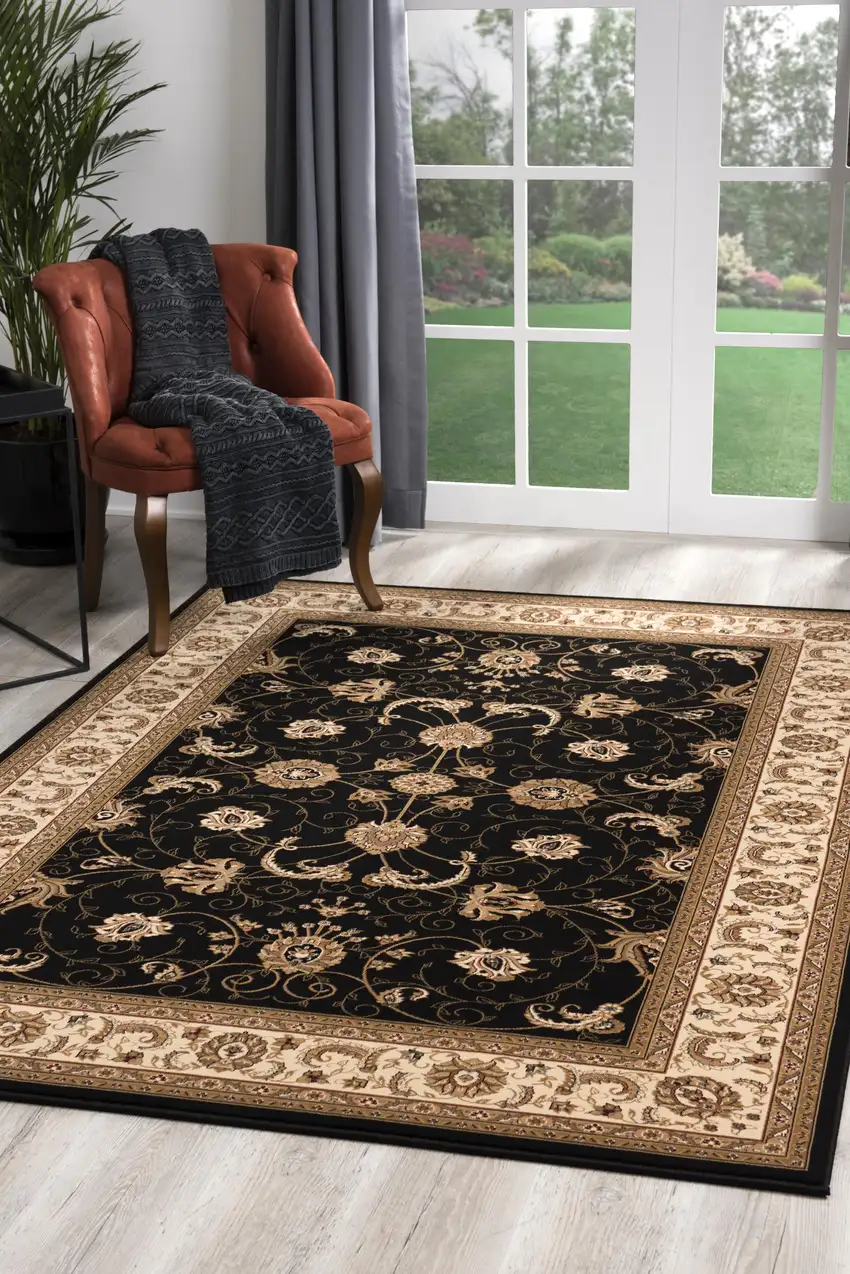 Black and Tan Floral Vines Area Rug Photo 6