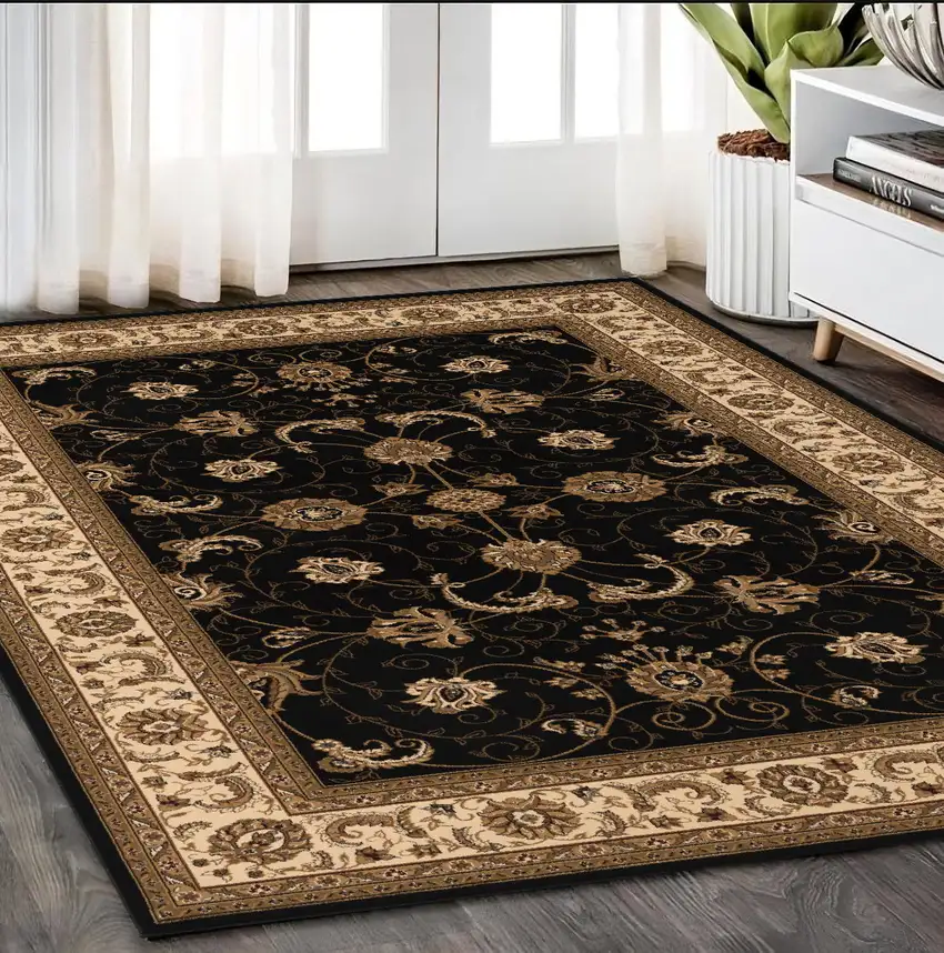 Black and Ivory Oriental Power Loom Area Rug Photo 1