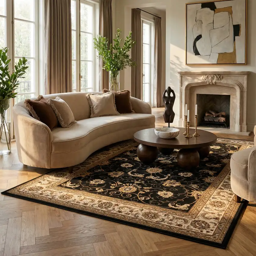 Black and Ivory Oriental Power Loom Area Rug Photo 3