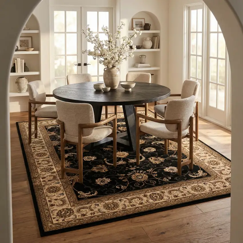 Black and Ivory Oriental Power Loom Area Rug Photo 8