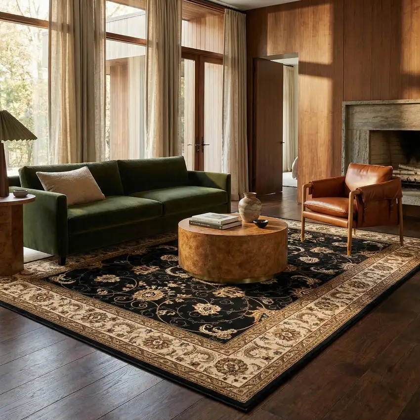 Black and Ivory Oriental Power Loom Area Rug Photo 6