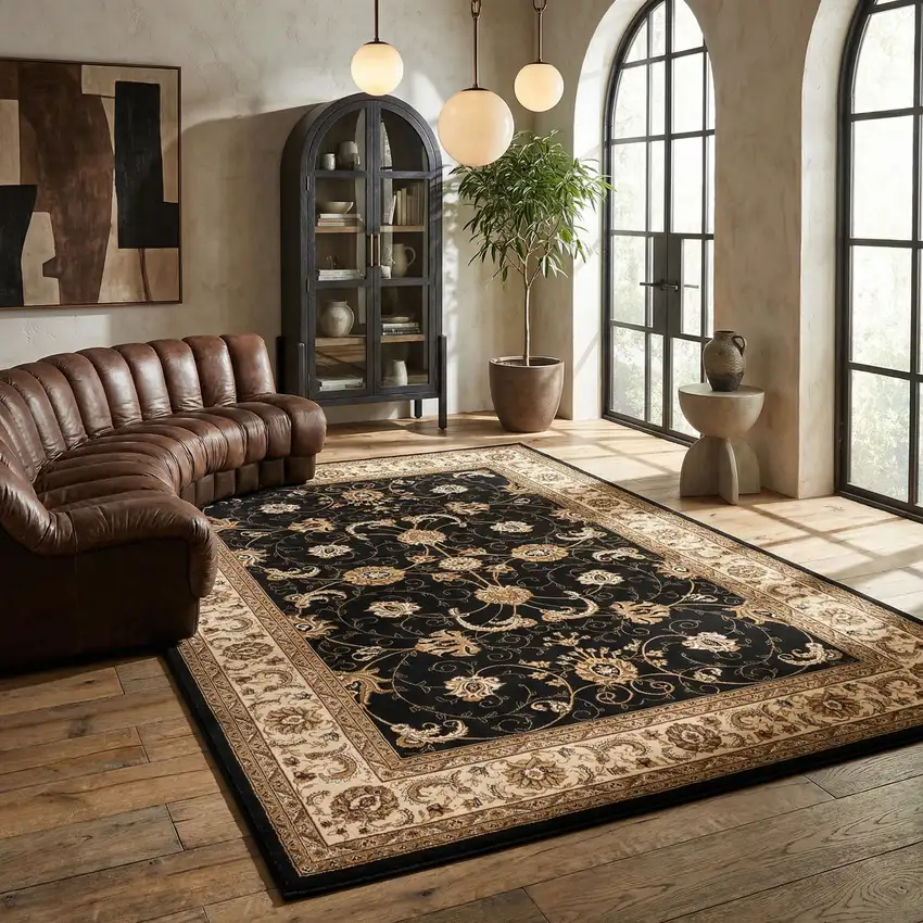 Black and Ivory Oriental Power Loom Area Rug Photo 4