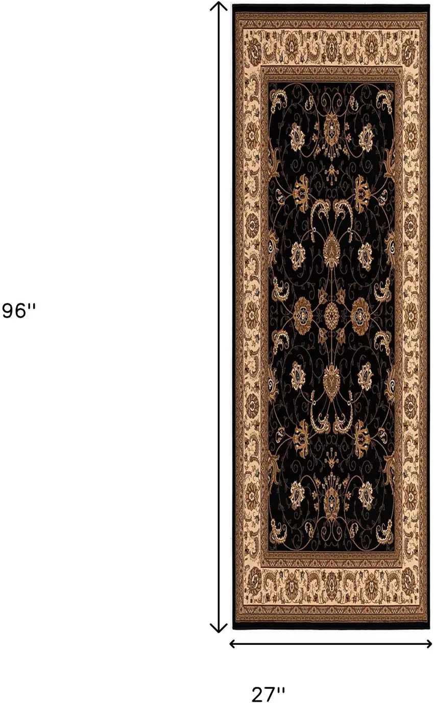 8' Black And Ivory Oriental Runner Rug Photo 3