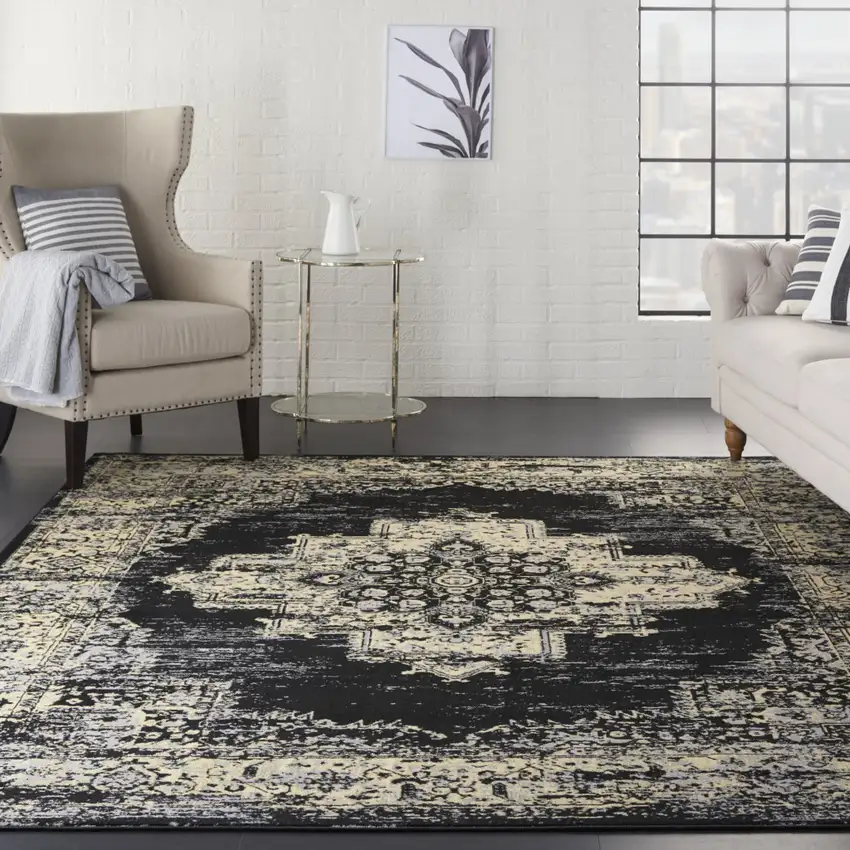 Black and Tan Medallion Distressed Non Skid Area Rug Photo 4