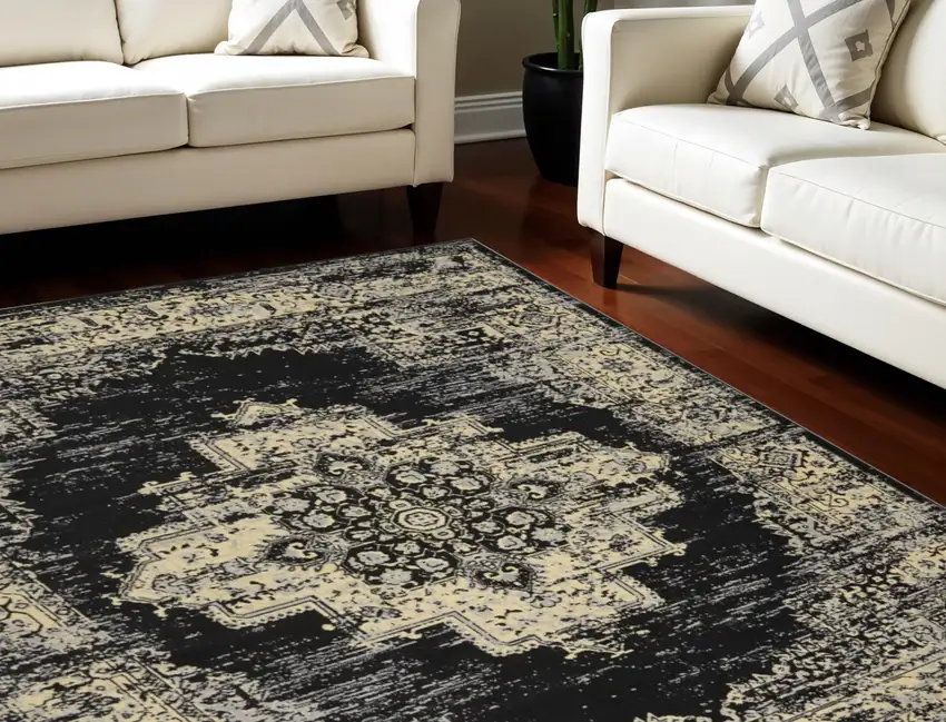Black and Tan Medallion Distressed Non Skid Area Rug Photo 1