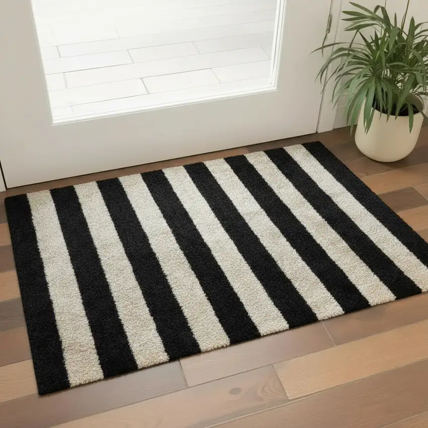 Black and Tan Wide Stripe Washable Floor Mat Photo 1