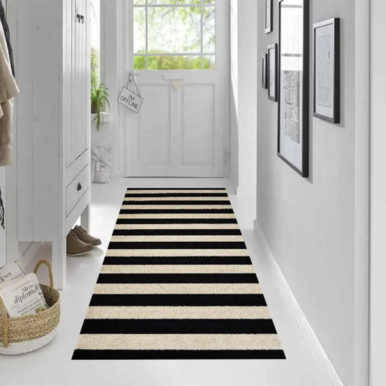 Black and Tan Wide Stripe Washable Runner Rug Photo 4