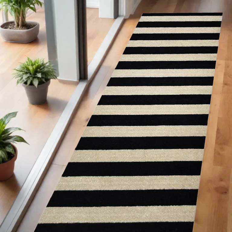 Black and Tan Wide Stripe Washable Runner Rug Photo 1