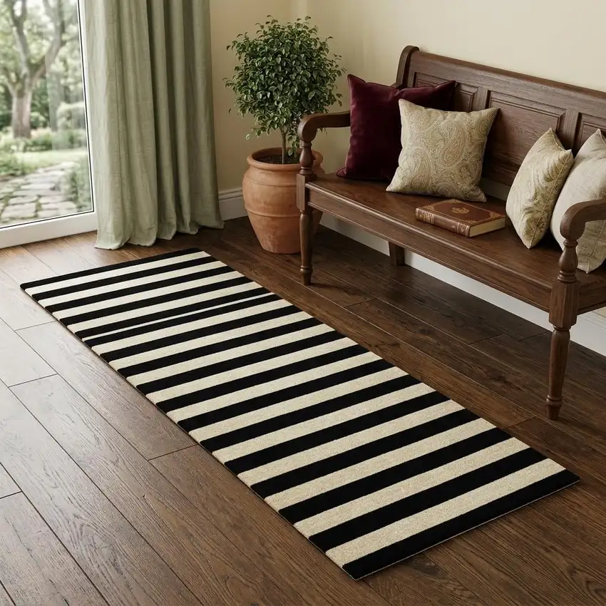 2' X 6' Black and Tan Wide Stripe Washable Runner Rug Photo 1