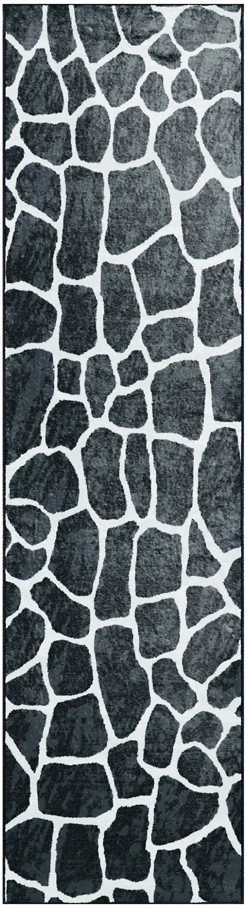 2' X 8' Black and White Croc Print Shag Handmade Non Skid Runner Rug Photo 2