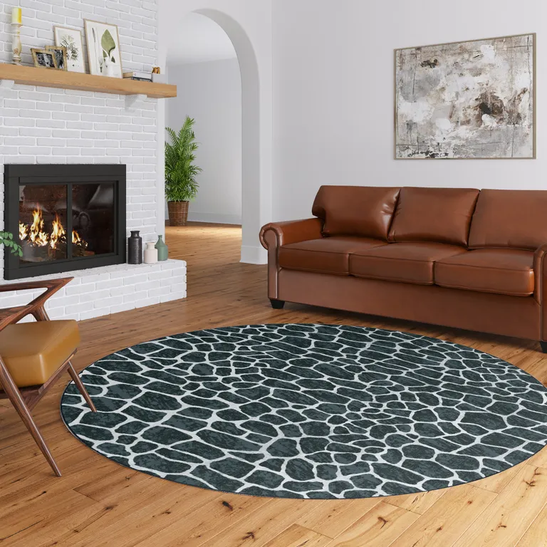 Black and White Croc Round Shag Handmade Non Skid Area Rug Photo 1