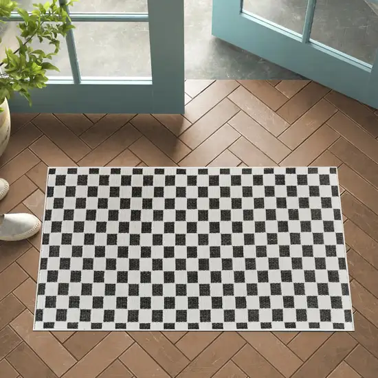 Black and White Geometric Distressed Indoor Outdoor Area Rug Photo 6