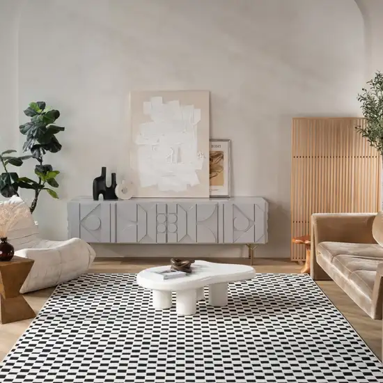 Black and White Geometric Distressed Indoor Outdoor Area Rug Photo 9