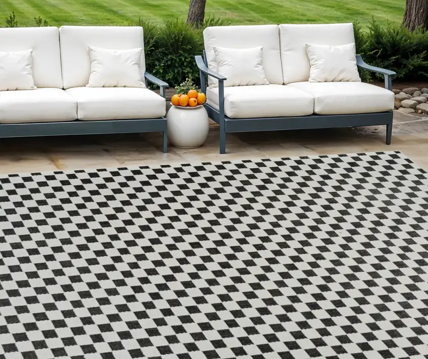 Black and White Geometric Distressed Indoor Outdoor Area Rug Photo 1