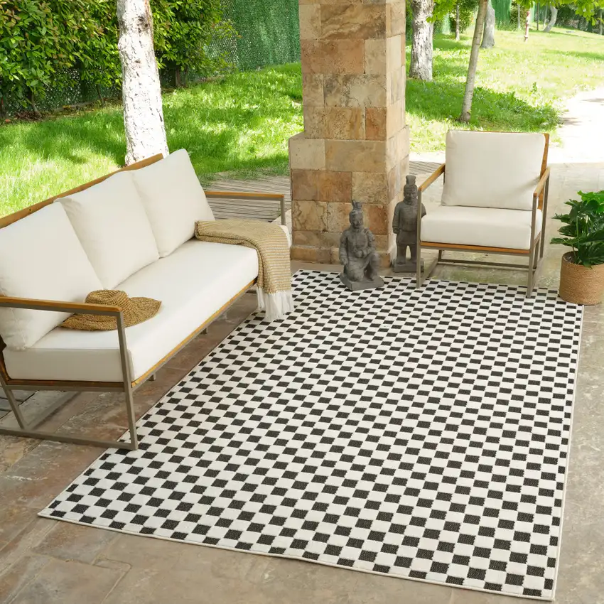 Black and White Geometric Distressed Indoor Outdoor Area Rug Photo 8