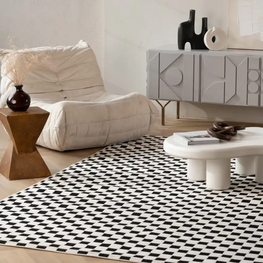 Black and White Geometric Distressed Indoor Outdoor Area Rug Photo 9