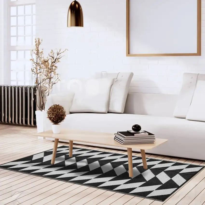 Black and White Geometric Machine Braided Distressed Area Rug With UV Protection Photo 6