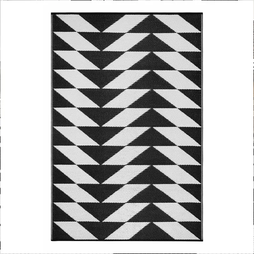 Black and White Geometric Machine Braided Distressed Area Rug With UV Protection Photo 2