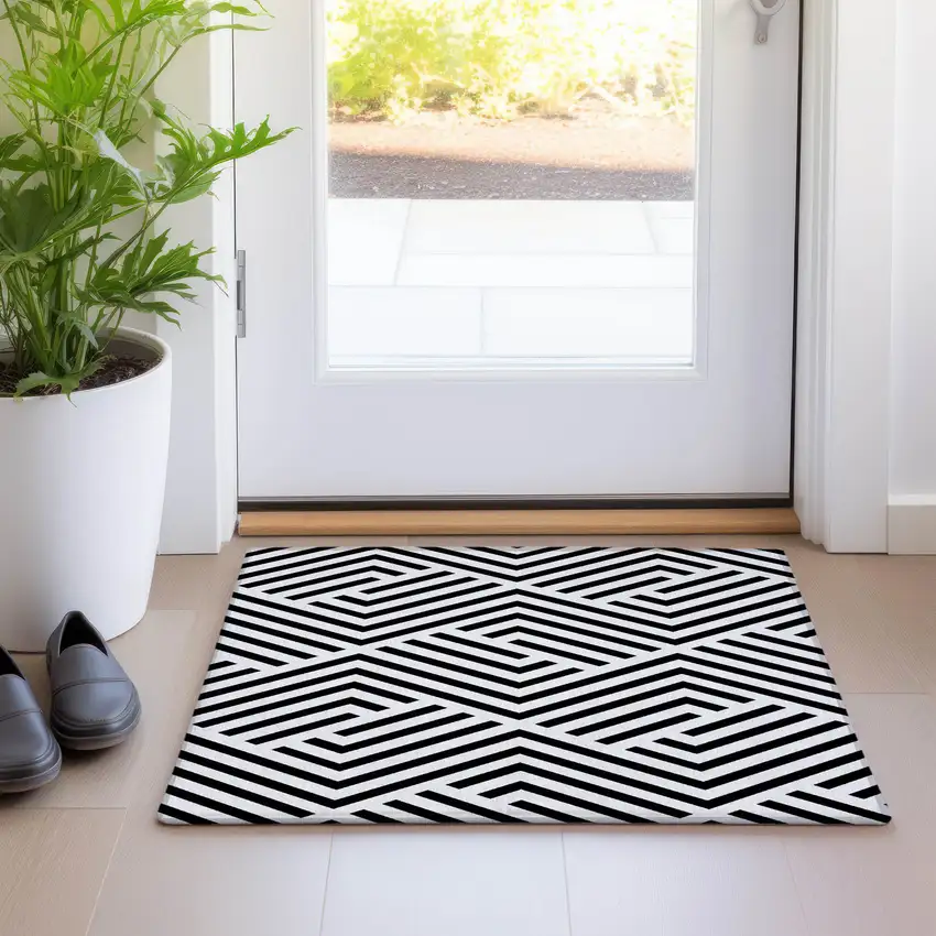 Black and White Geometric Washable Non Skid Indoor Outdoor Area Rug Photo 8