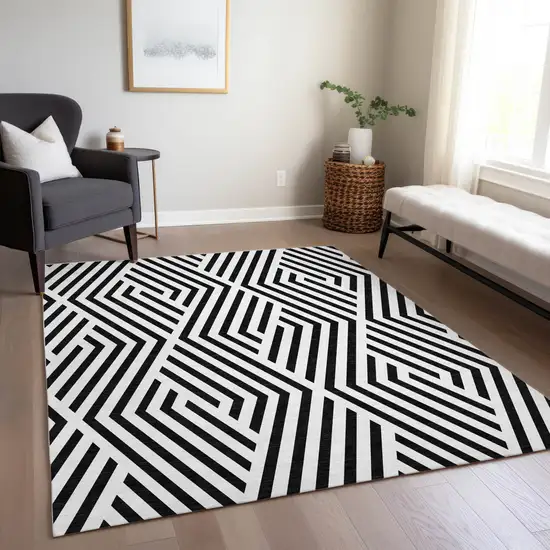 Black and White Geometric Washable Non Skid Indoor Outdoor Area Rug Photo 9